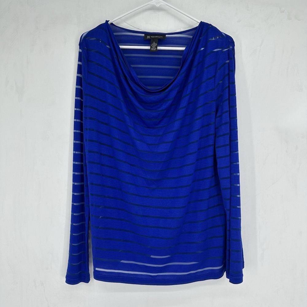INC Women's‎ Blue Sheer Stripe Cowl Neck Top L Elegant Office Chic Minimalist
